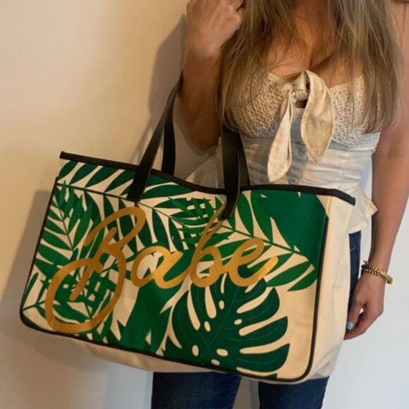 NWT Babe Palm Leaves Large Rectangular Tote Bag | Genuine Leather Handles - Picture 1 of 4